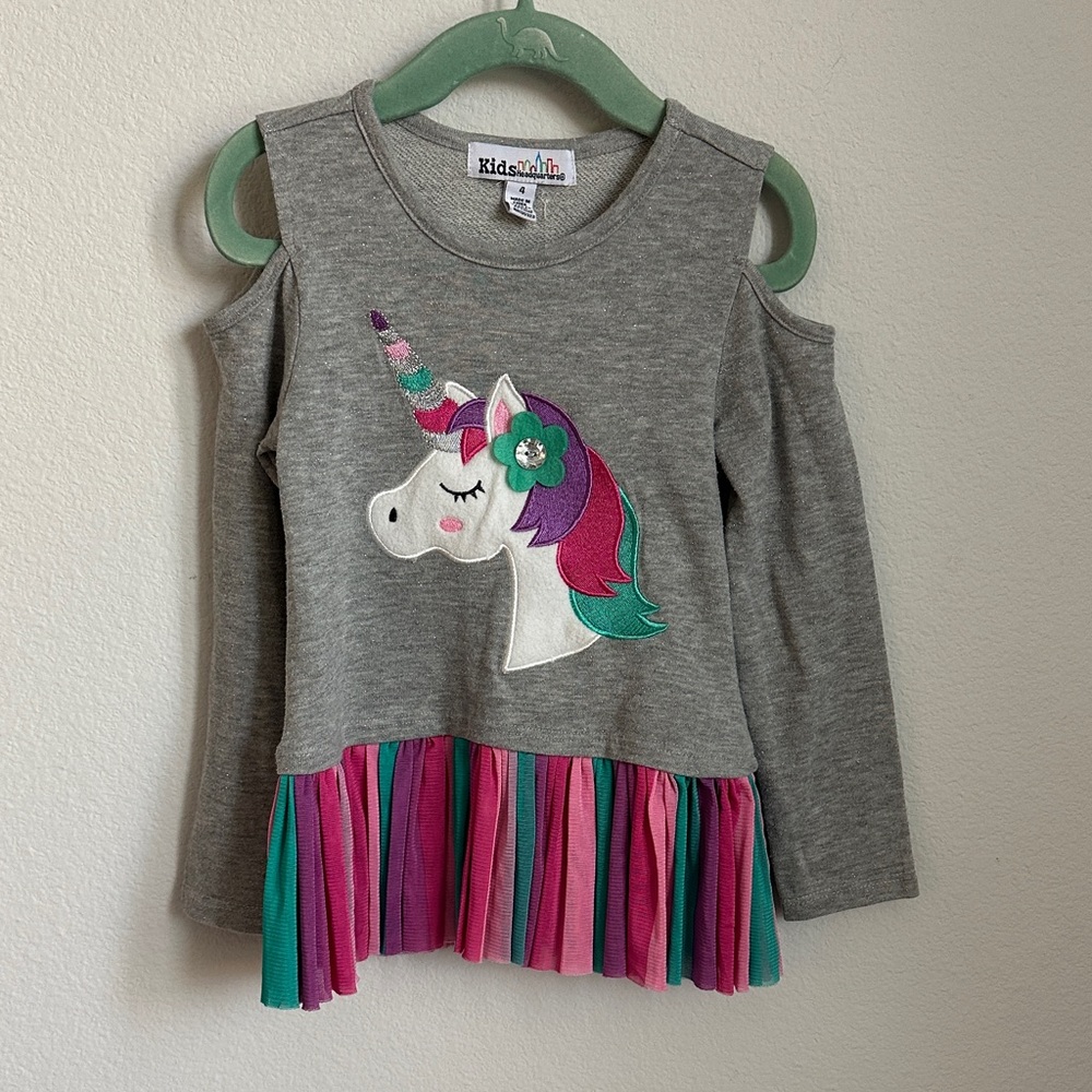 Gray Unicorn Cold-Shoulder Top with Pink & Teal Tulle Trim